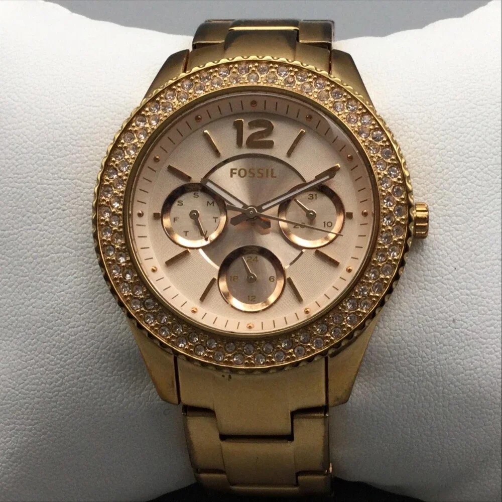 Fossil ES3590 Womens Watch 38mm Rose Gold Tone Crystals New Battery 6